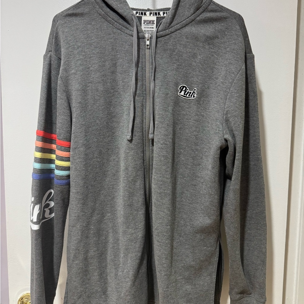 PINK Victoria's Secret Gray Zip-Up Hoodie with Rainbow Sleeve Stripes